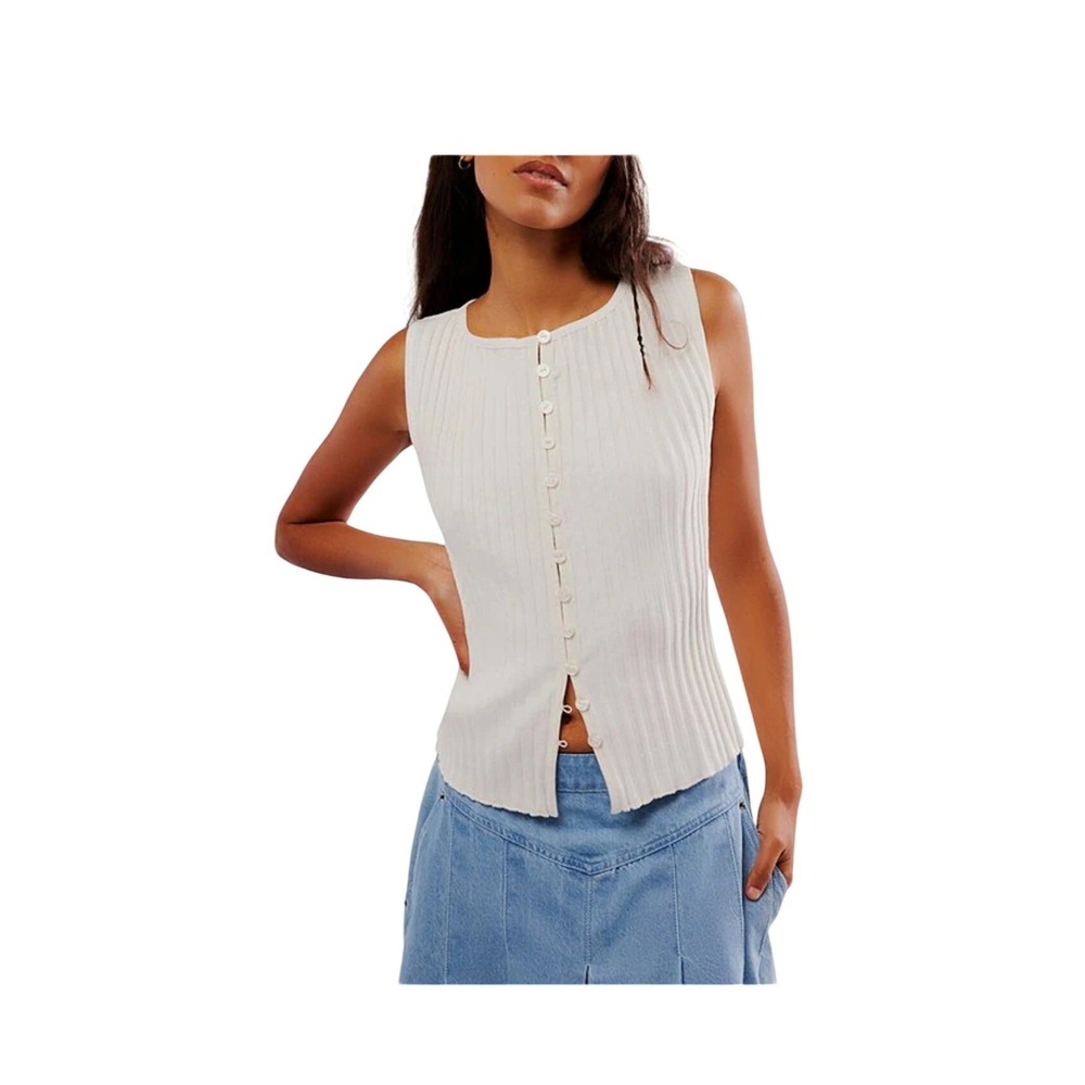 Free People Ribbed Button Down Tank Top Cream Sleeveless Knit Scoop Neck